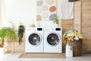 Modern washer and dryer set in a bright laundry room