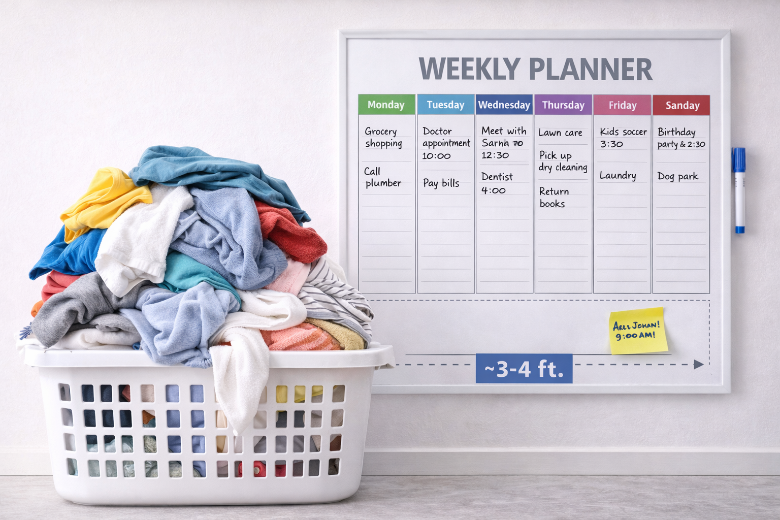 Overflowing laundry basket in front of a weekly planner