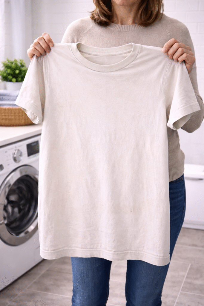 Person holding up a white tshirt in front of a washer