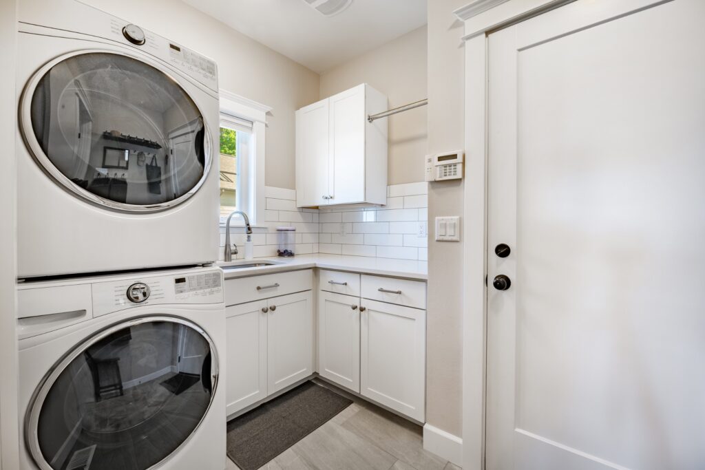 Modern washer and dryer set in a bright laundry room