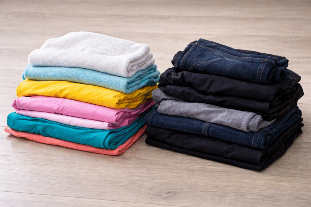 Stacks of folded light colored towels and dark jeans
