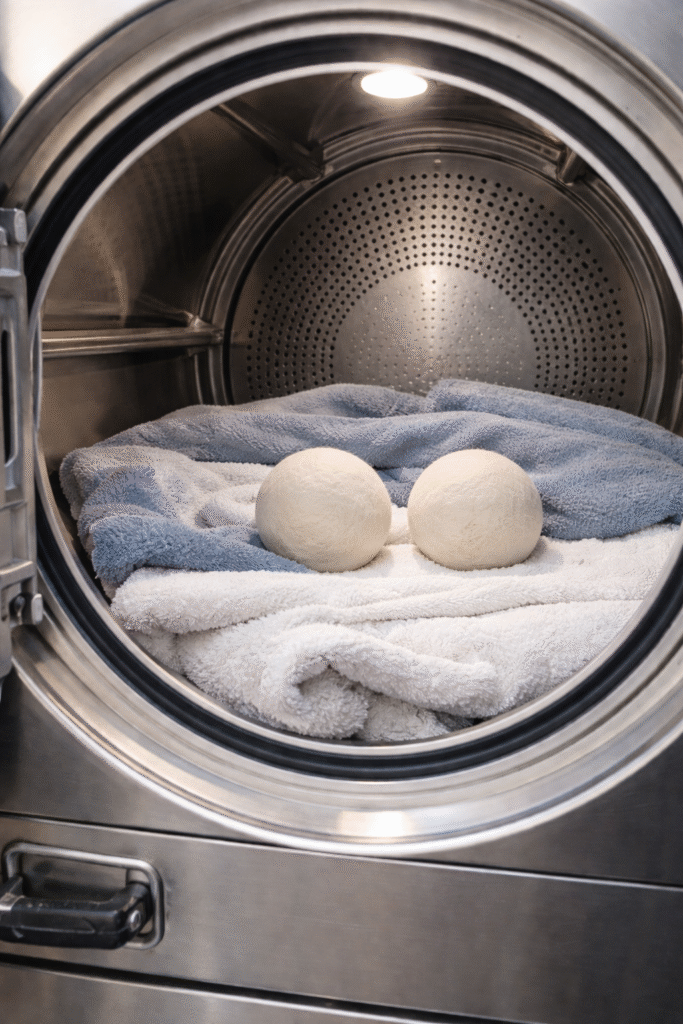 Two wool dryer balls drying towels in a dryer