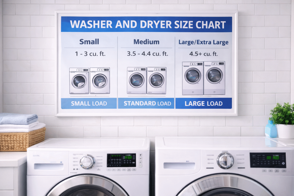 Washer and dryer size comparison chart on a wall
