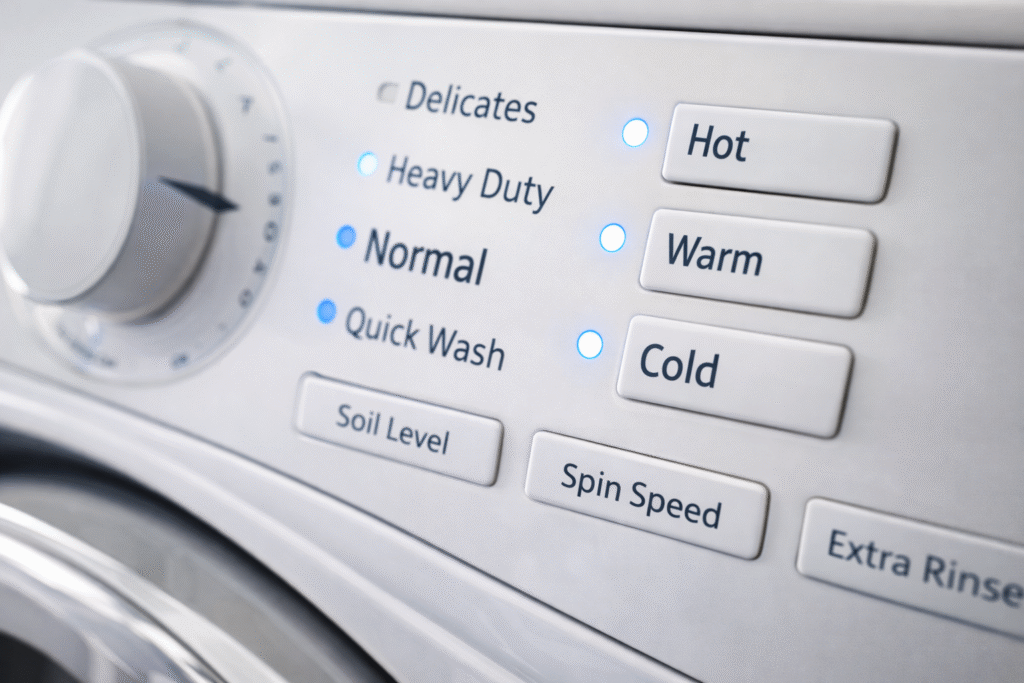 Washing machine control panel showing hot warm and cold settings