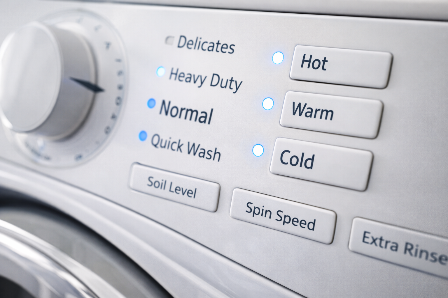 Washing machine control panel showing hot warm and cold settings