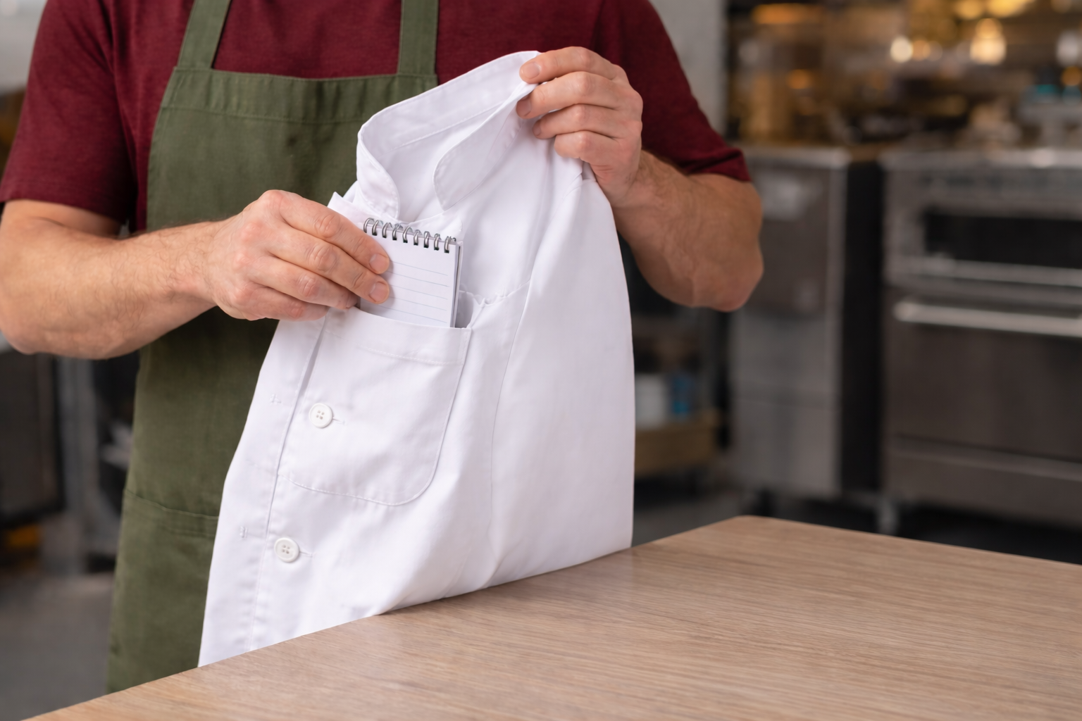 Chef placing notepad in apron pocket