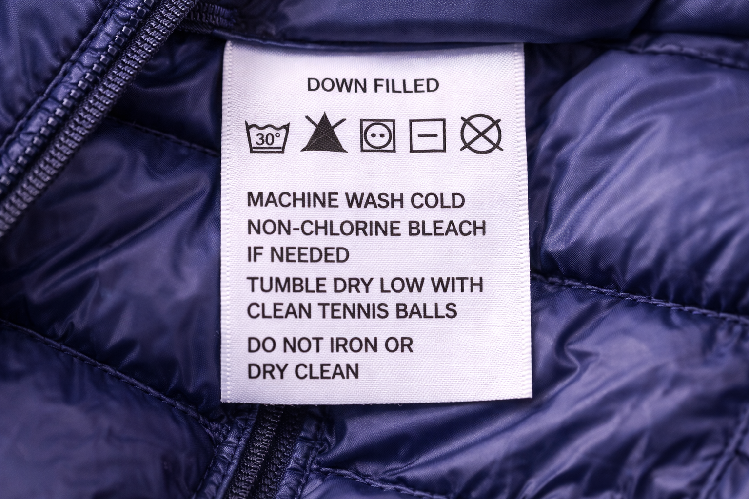 Care instructions label on a jacket