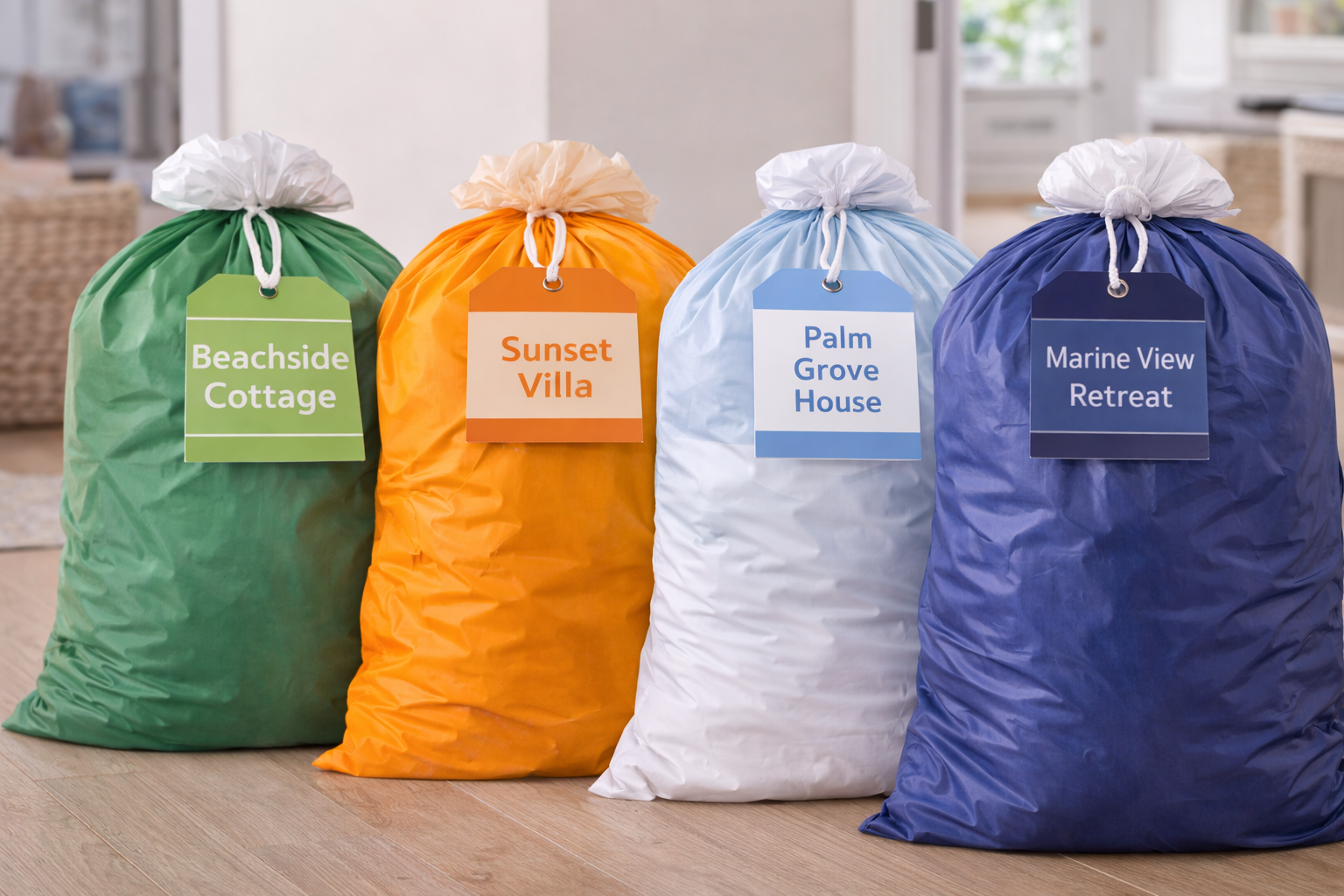 Four labeled laundry bags in a room