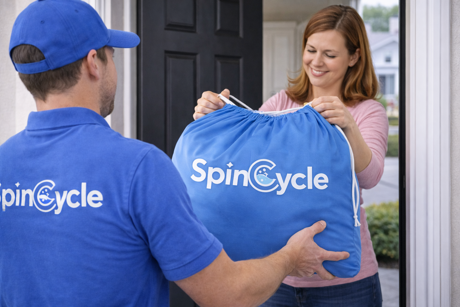 Person receiving laundry bag at door