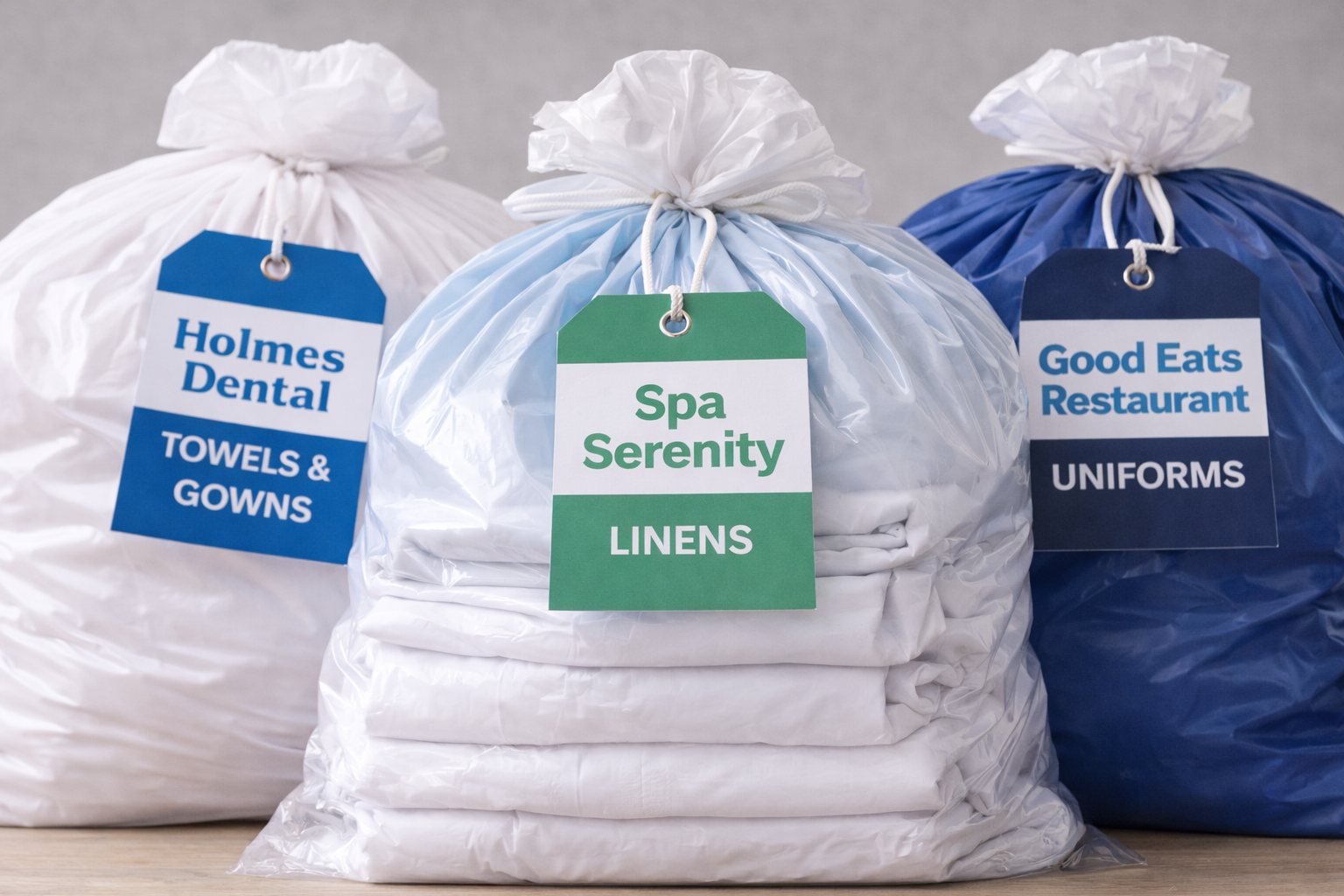 Three labeled laundry bags on table