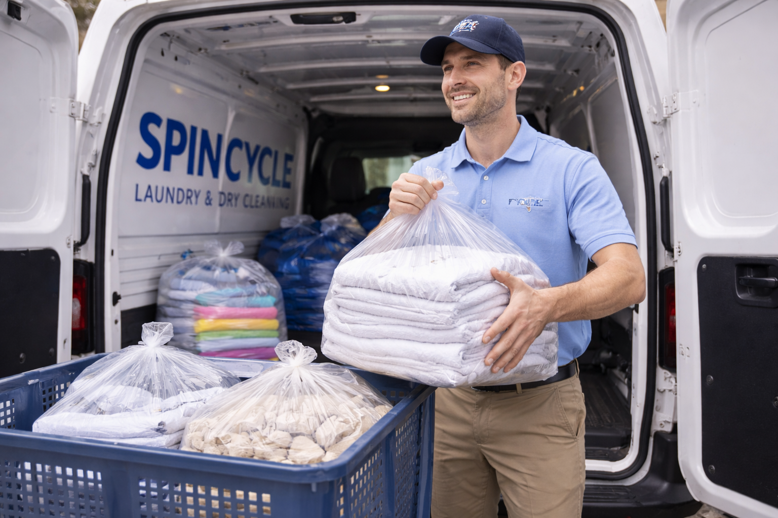 Man unloading laundry bags from van