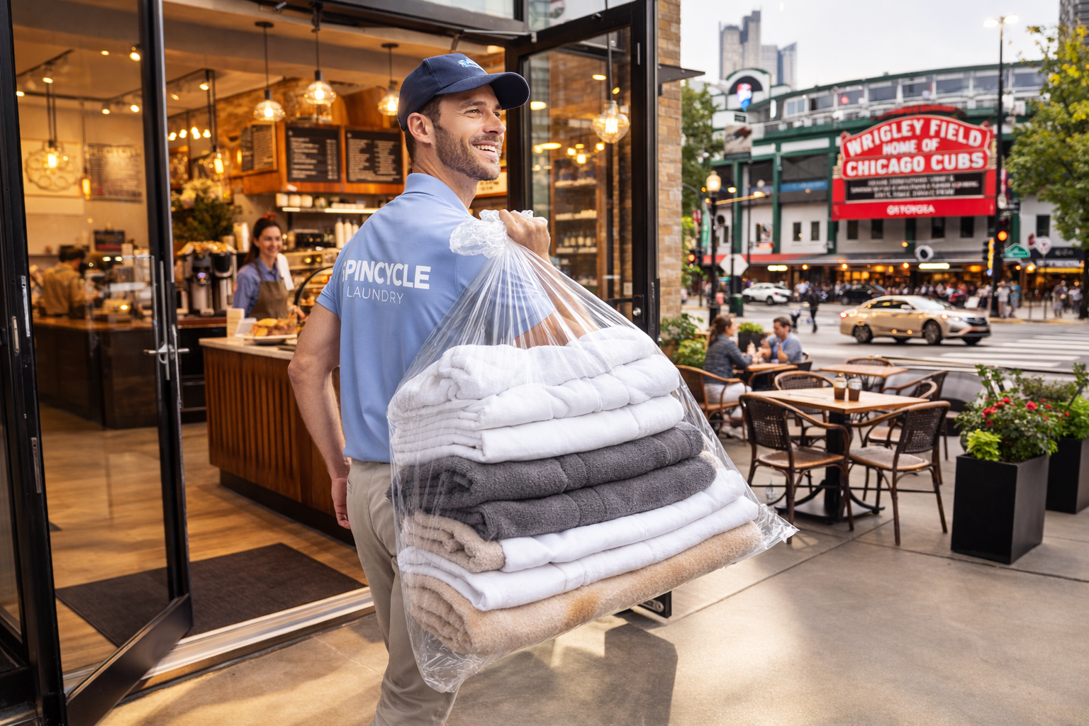 Man carrying laundry bag outside cafe