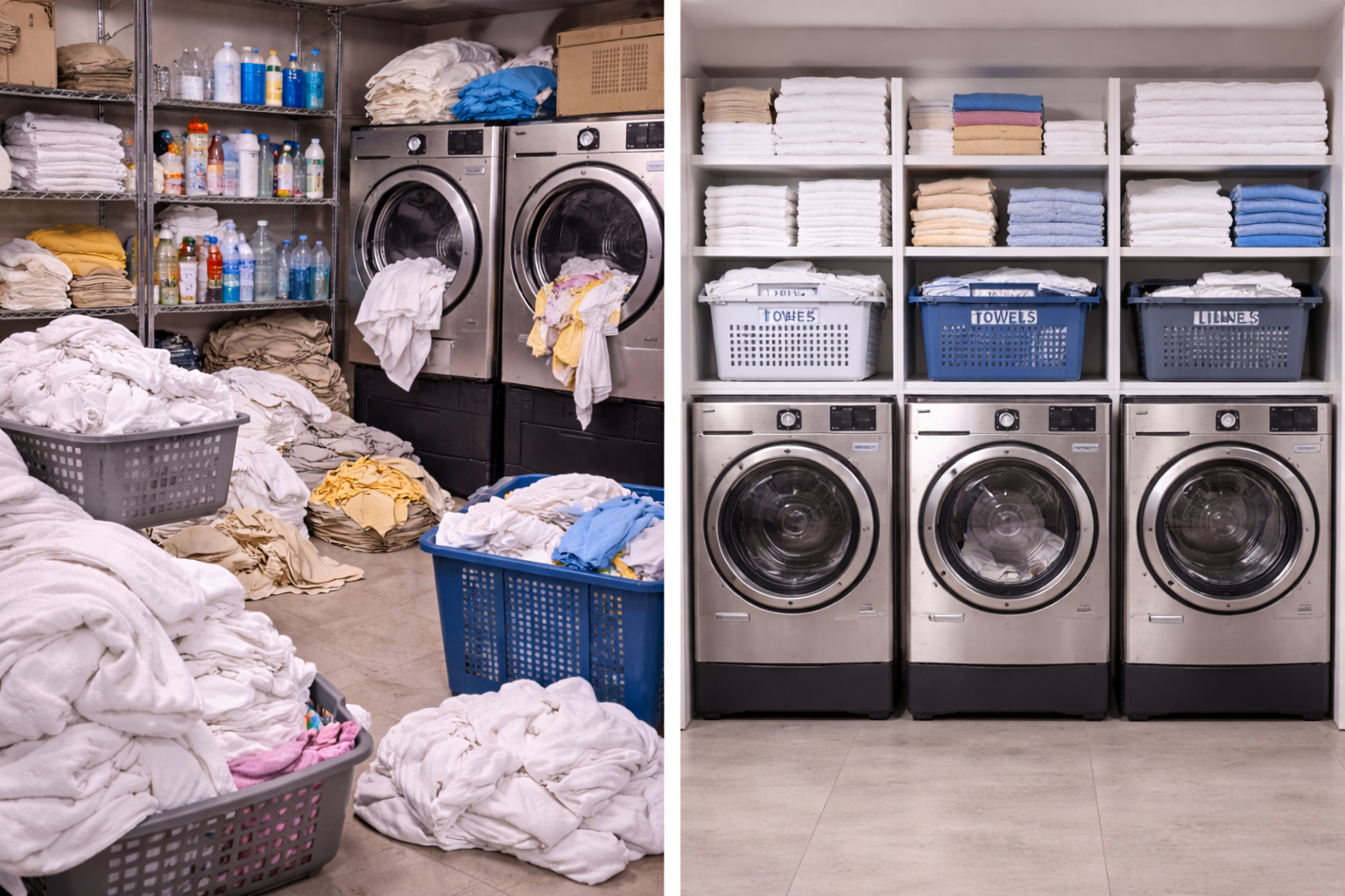 Messy and organized laundry room comparison