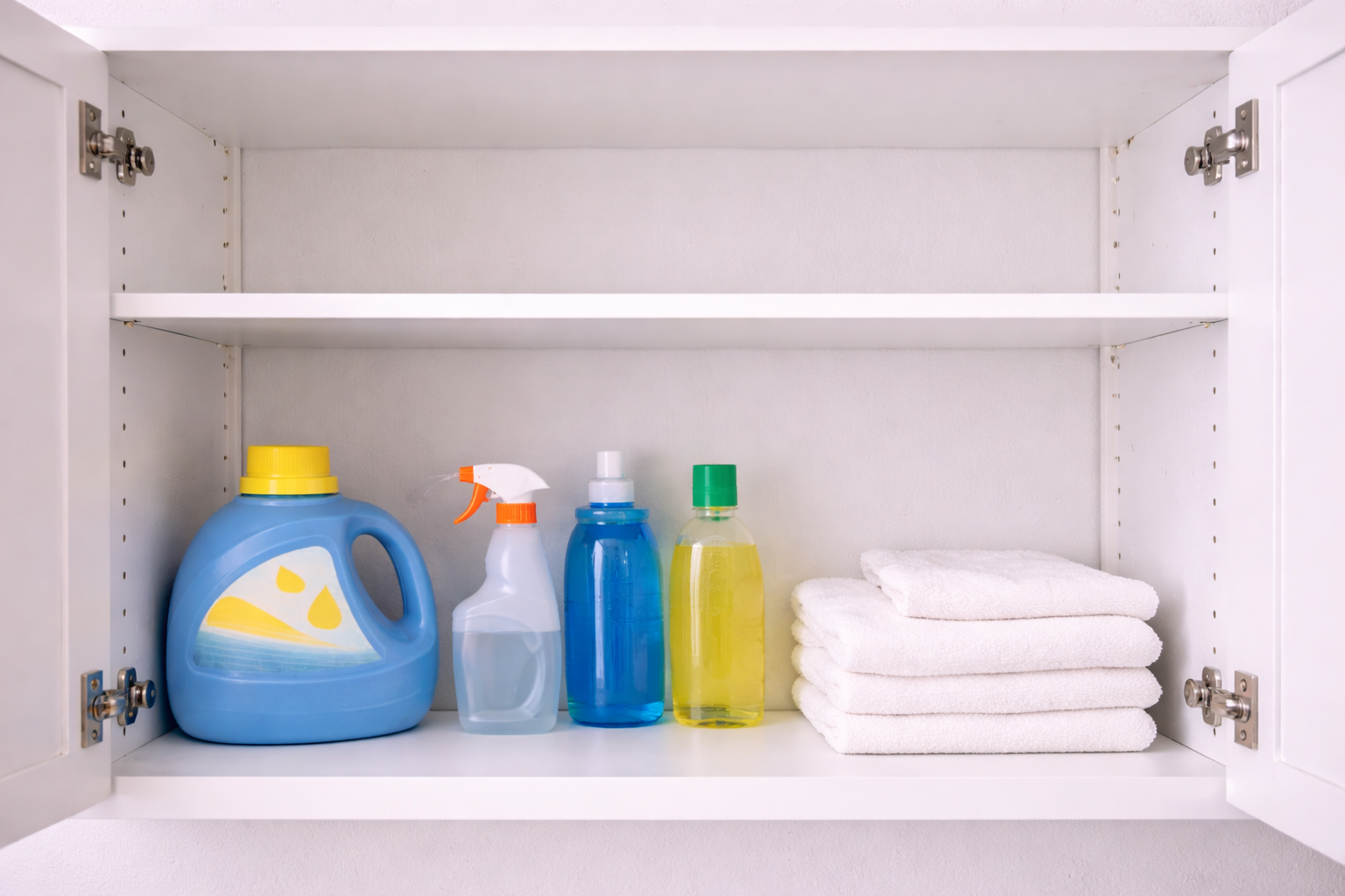 Cleaning products and towels in cabinet