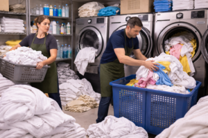 Laundry Workers Sorting Clean Linens