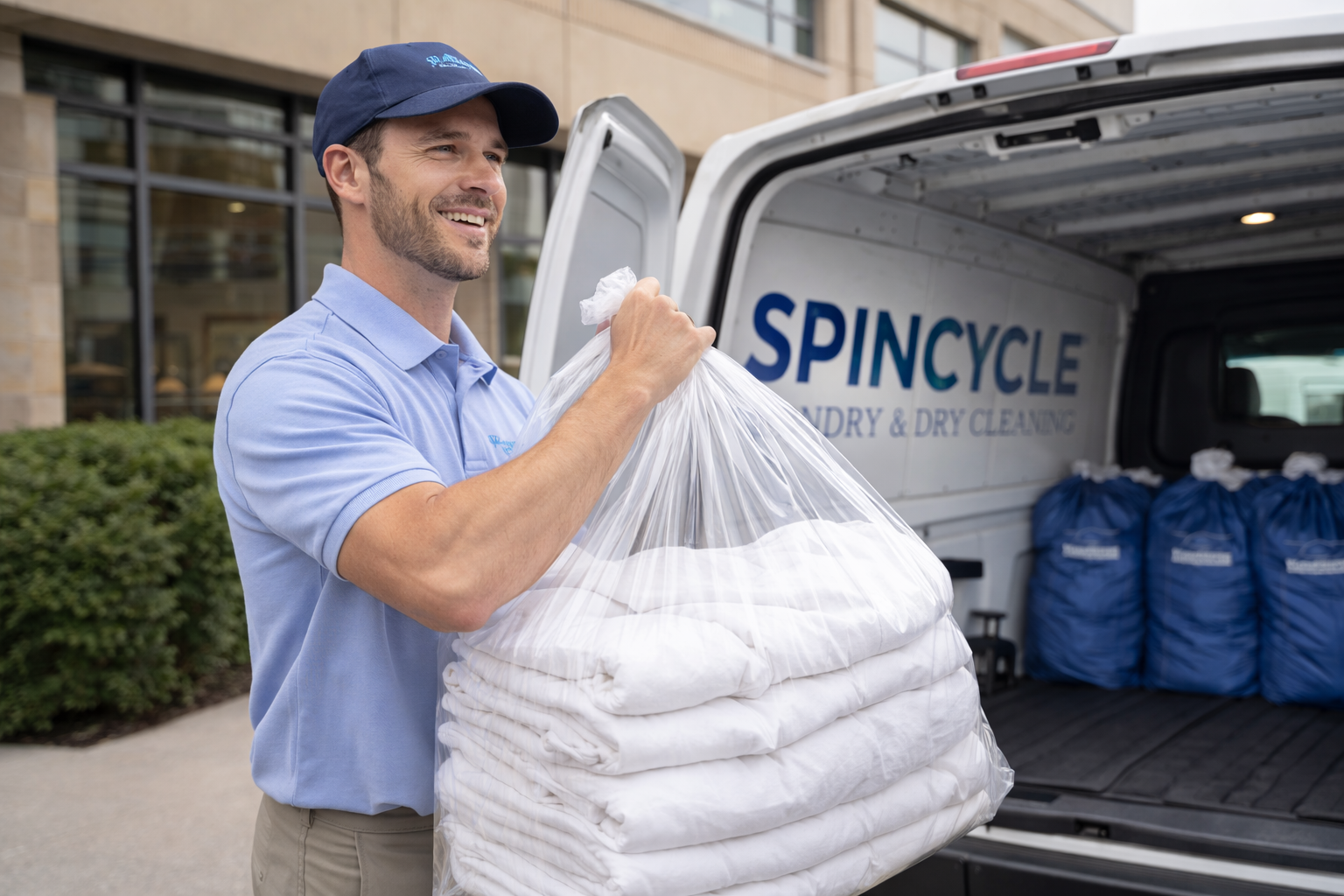 Man loading laundry bags into van