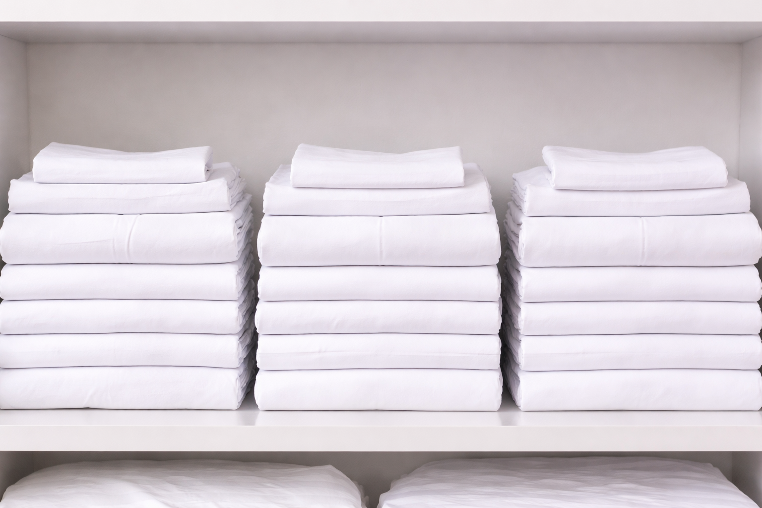 Stacks of white towels on shelf