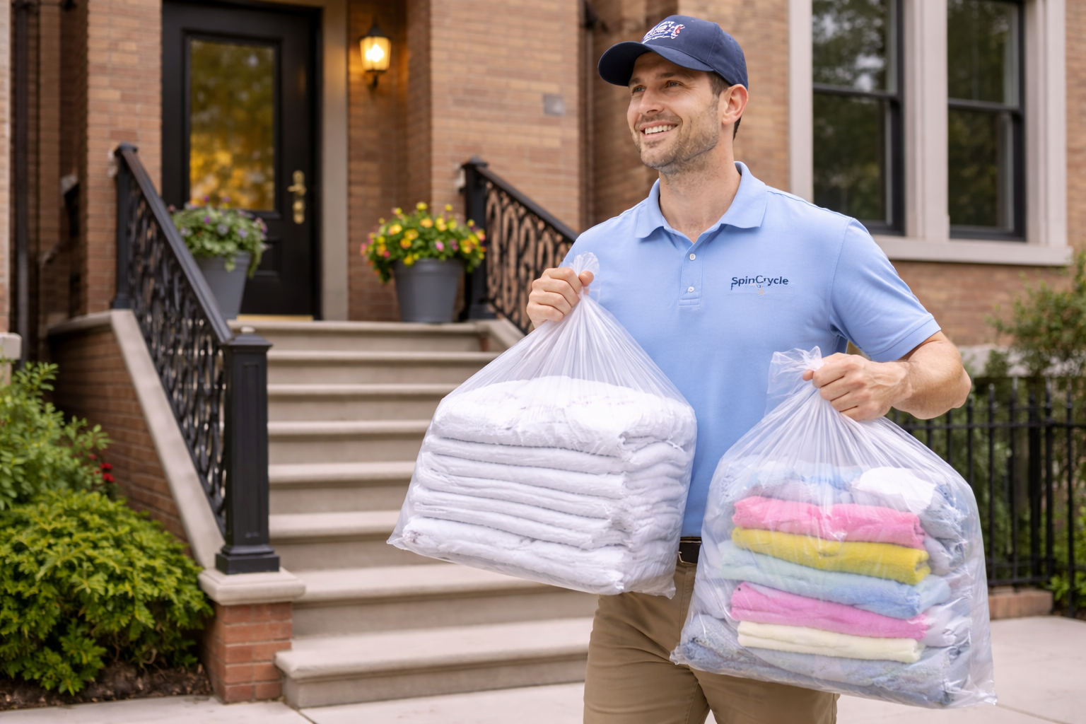 Man carrying bags of folded laundry