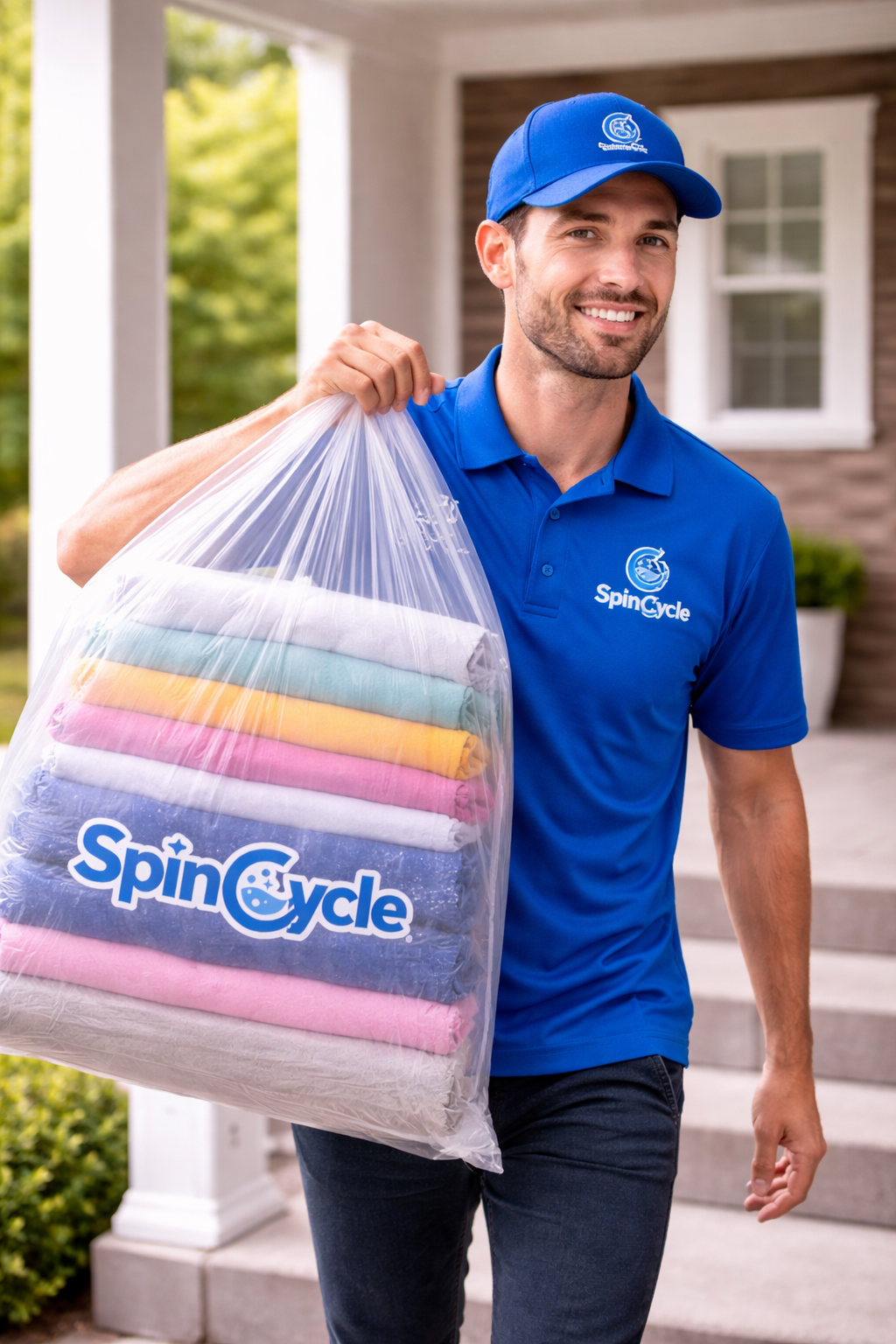 Man in blue uniform with laundry bag