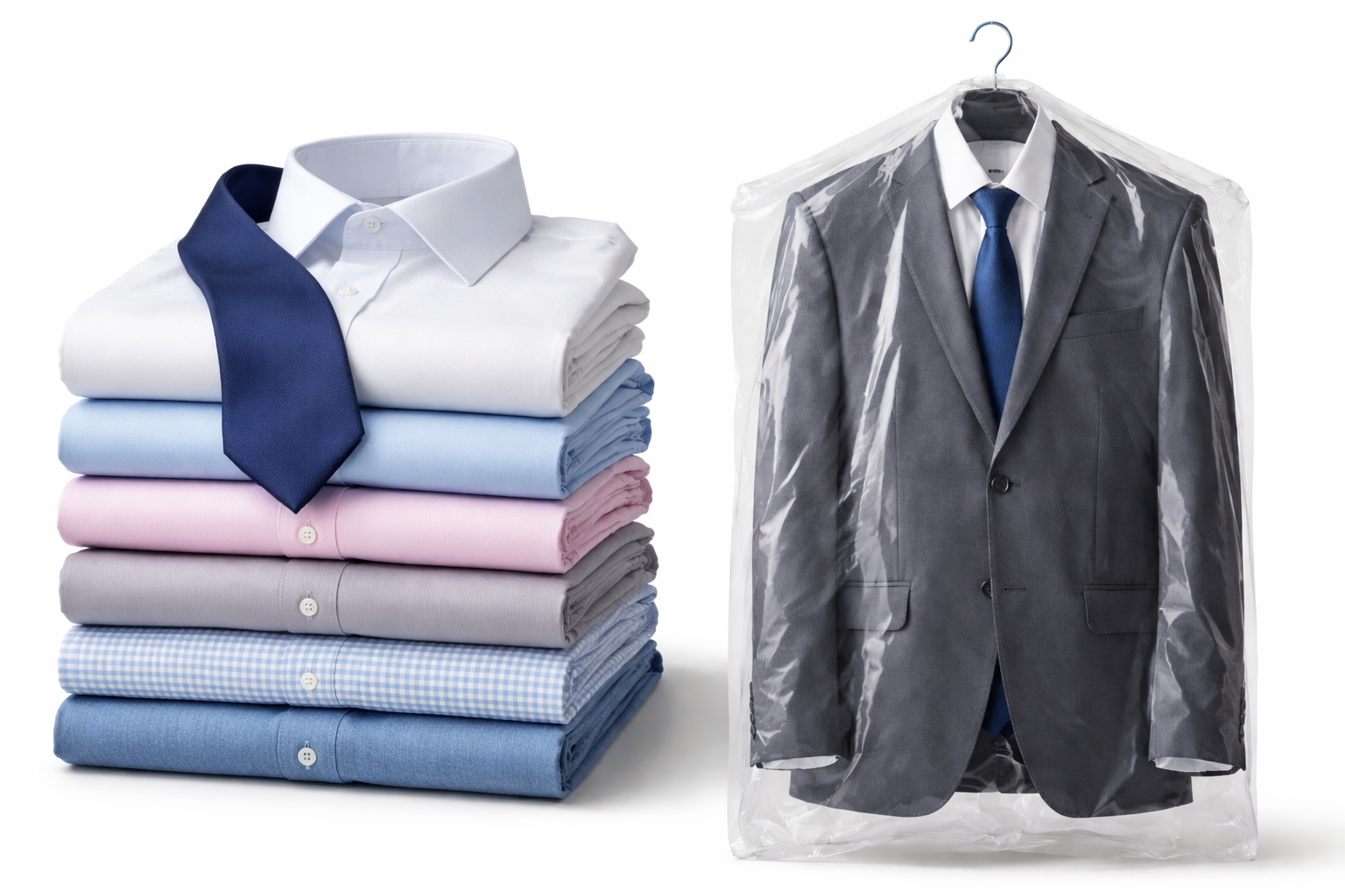 Folded shirts and a suit on hanger