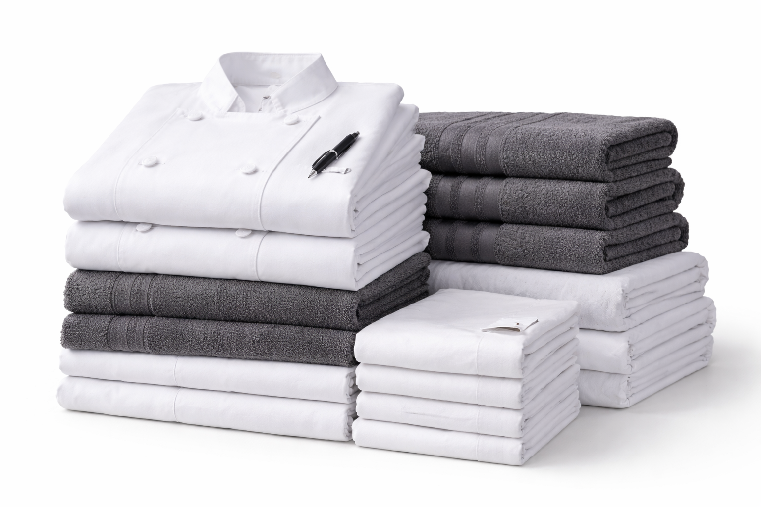 Folded chef uniforms and towels stacked