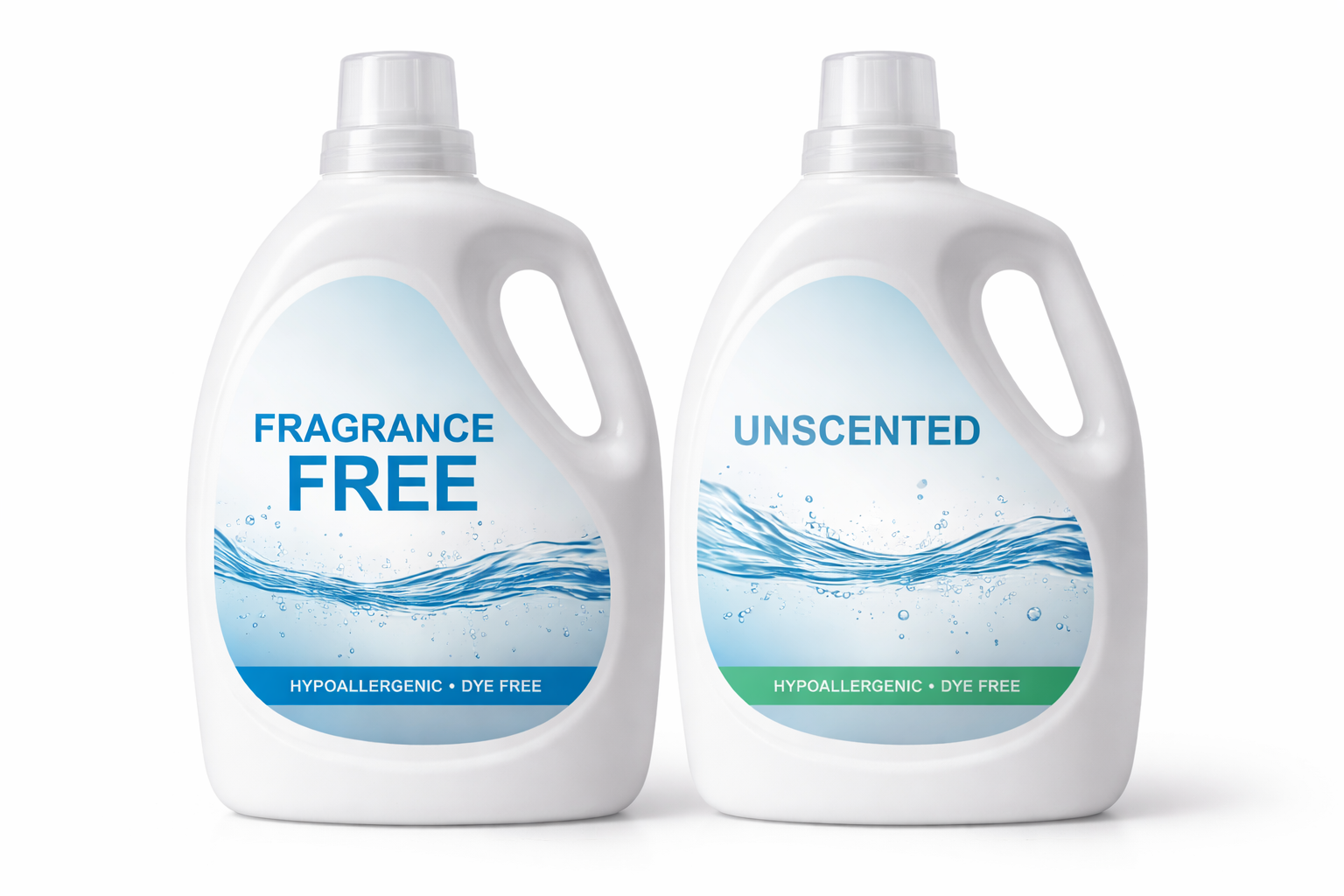 Two detergent bottles labeled fragrance free
