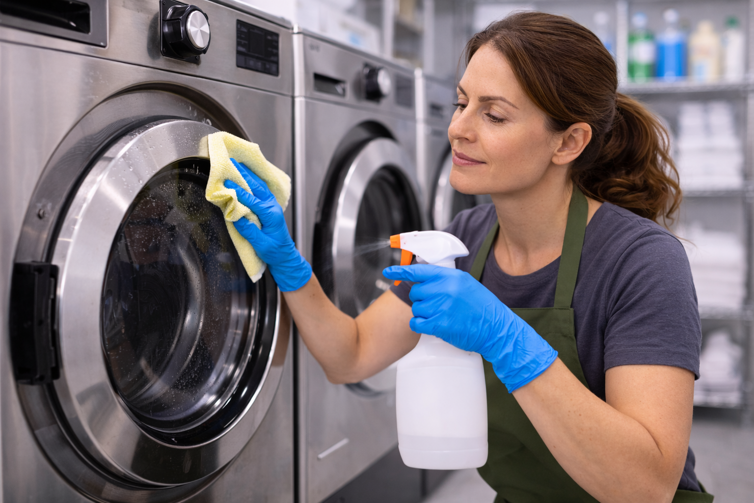 Woman wiping washing machine with cloth