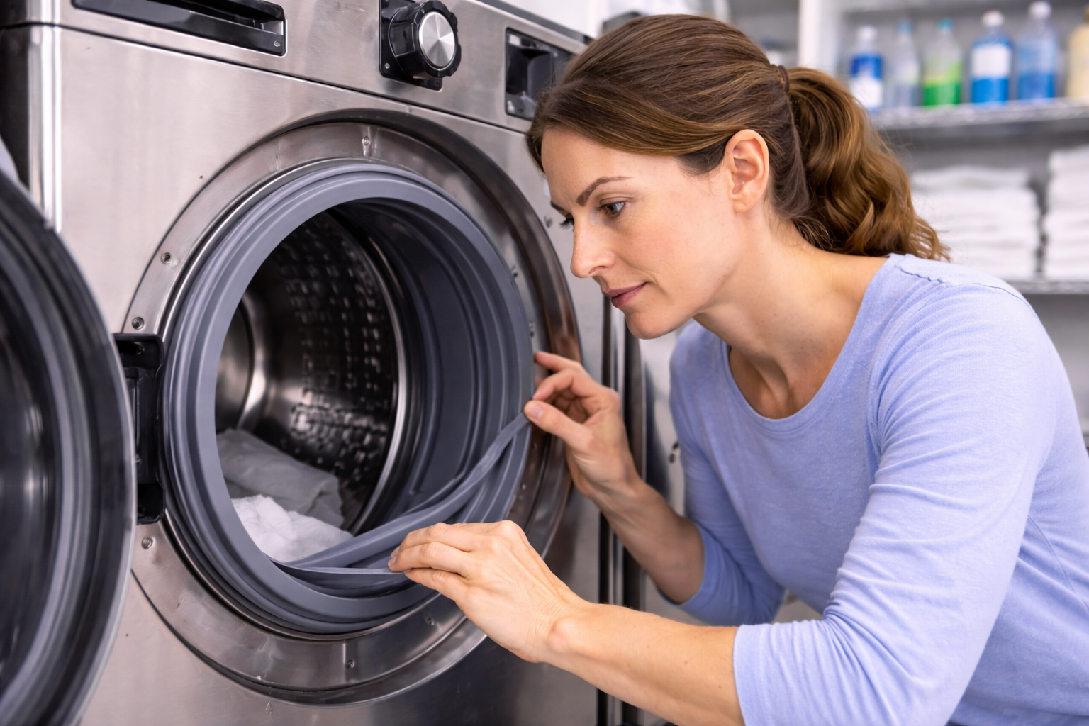 Woman checking inside washing machine