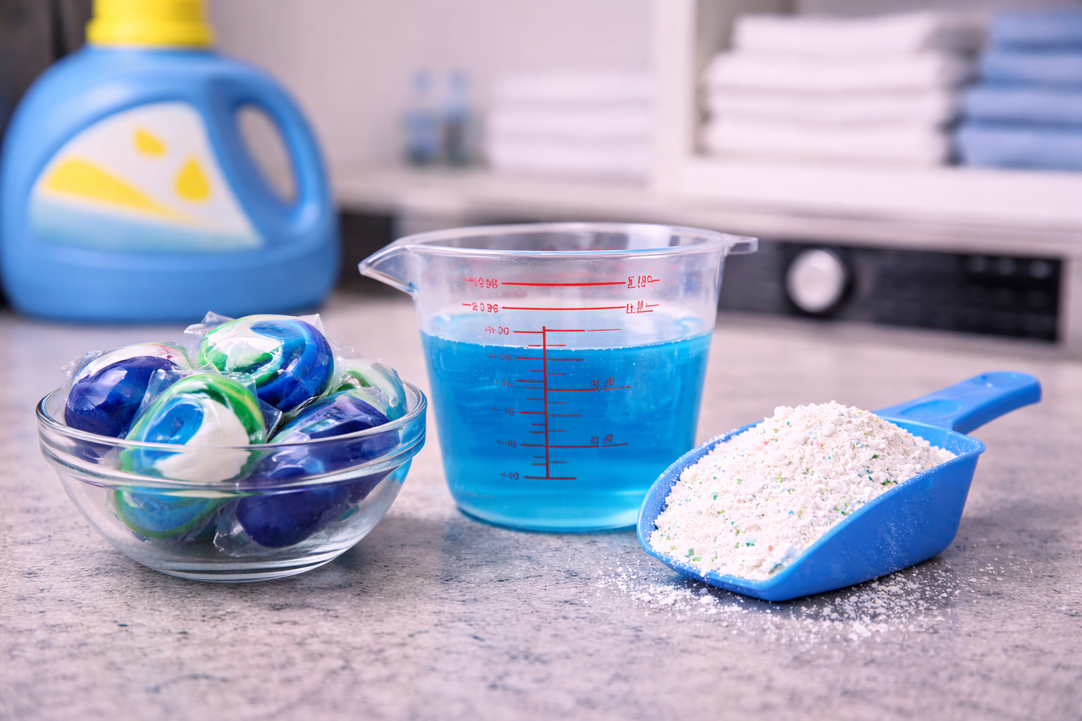 Laundry detergents on a countertop
