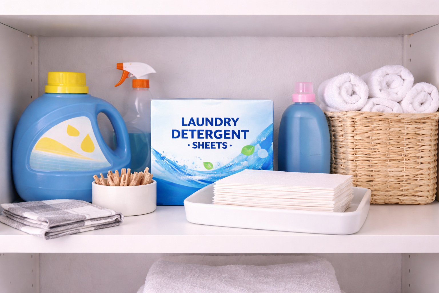 Laundry items organized on a shelf