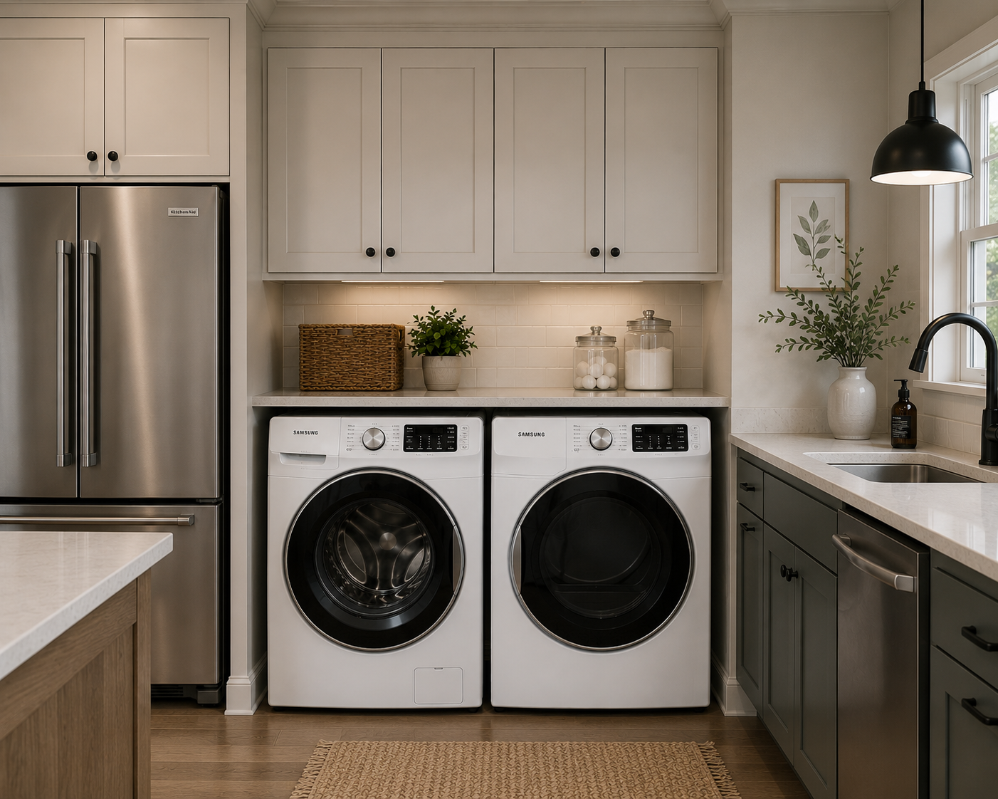 Laundry room with washer dryer and shelves