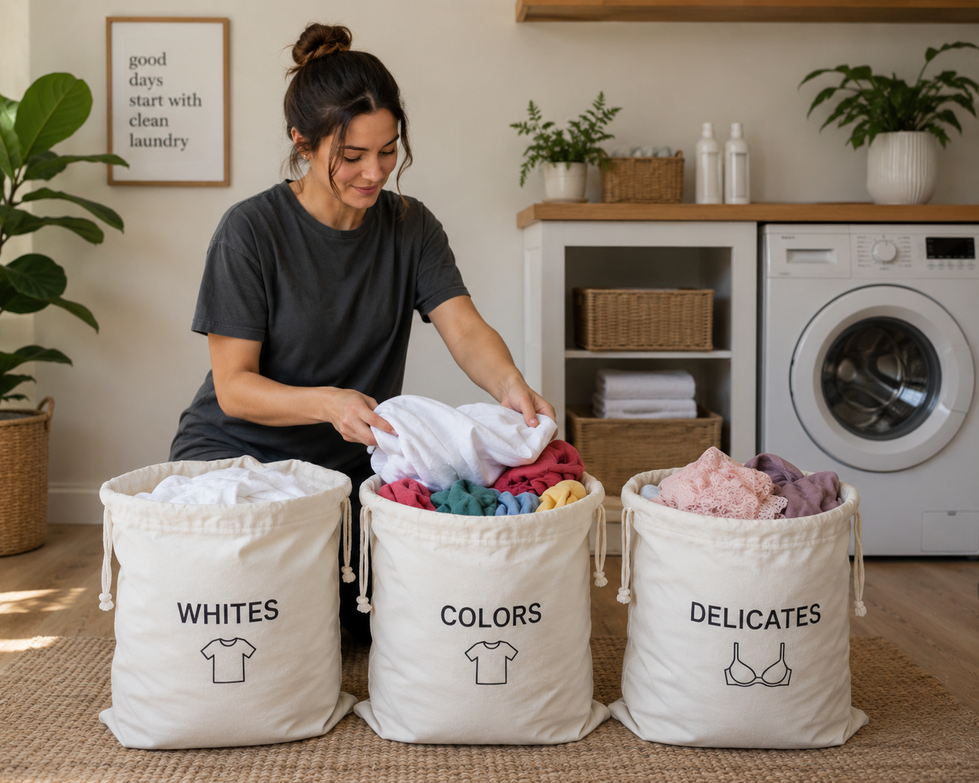 Woman organizing clothes in laundry room